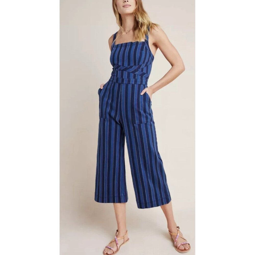Anthropologie Nicola Womens Size 2 Denim Striped Jumpsuit Overalls / Coveralls